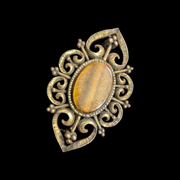 Vintage LG Oval Tigers Eye Filigree Brooch Gold-Tone Floral Pin Estate  2" - Picture 1 of 8